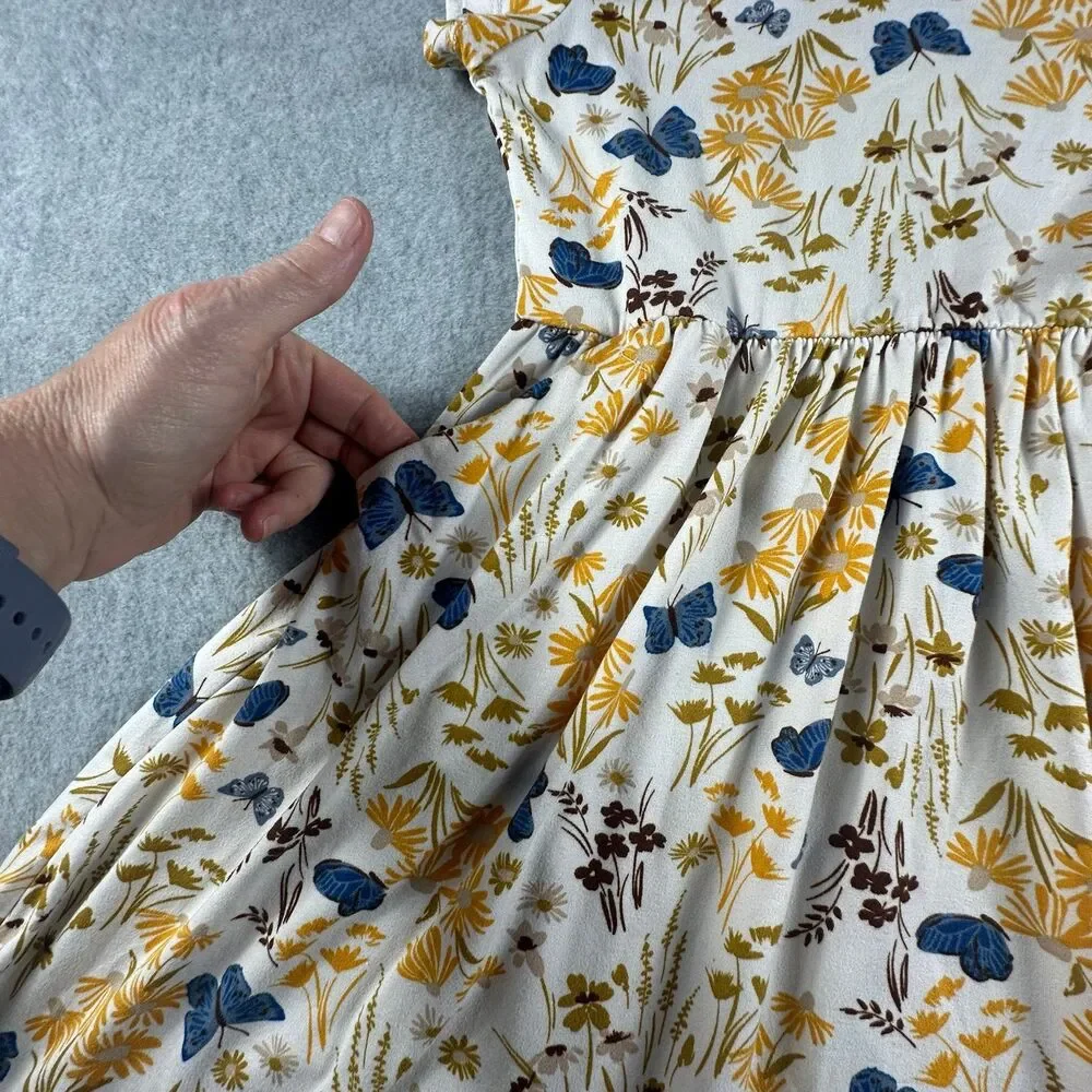 Girls Size 8 Butterfly Floral Dress Ivory Mustard Blue Pockets Fall